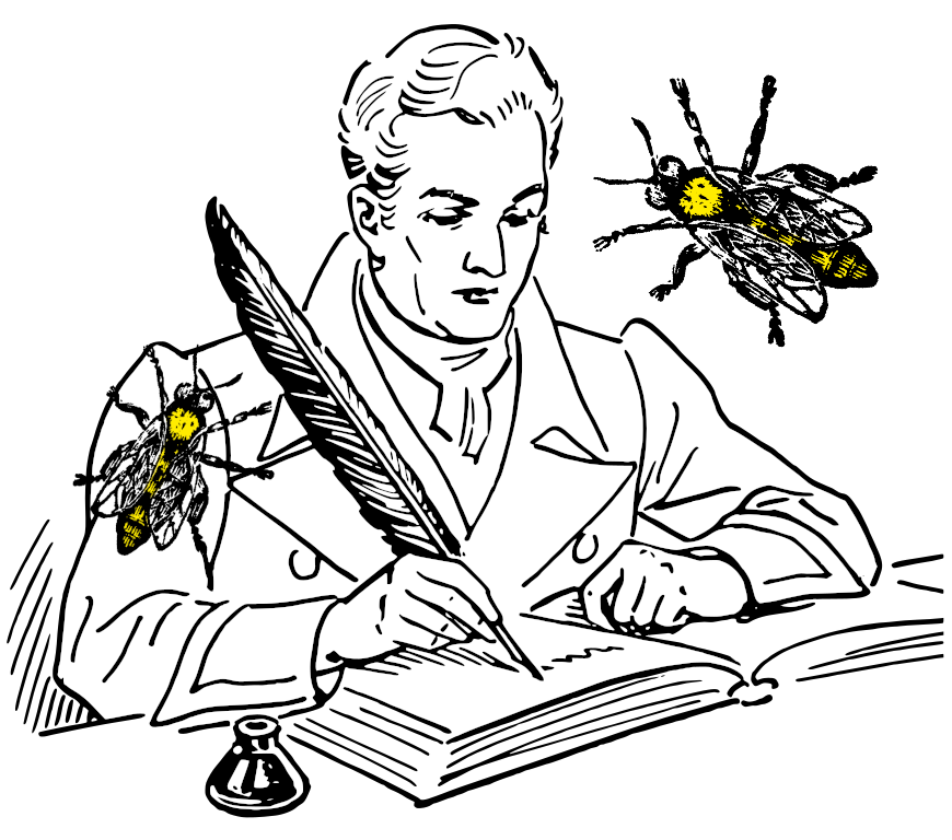 Drarwing of a man writing while bees are buzzing around.